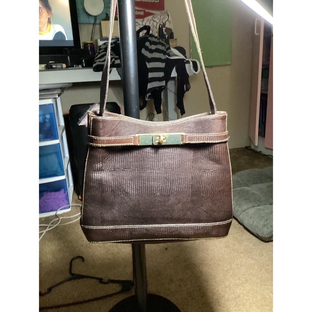 Francesco Biasia Brown Lizard Embossed Leather Shoulder Bag Made in Italy
